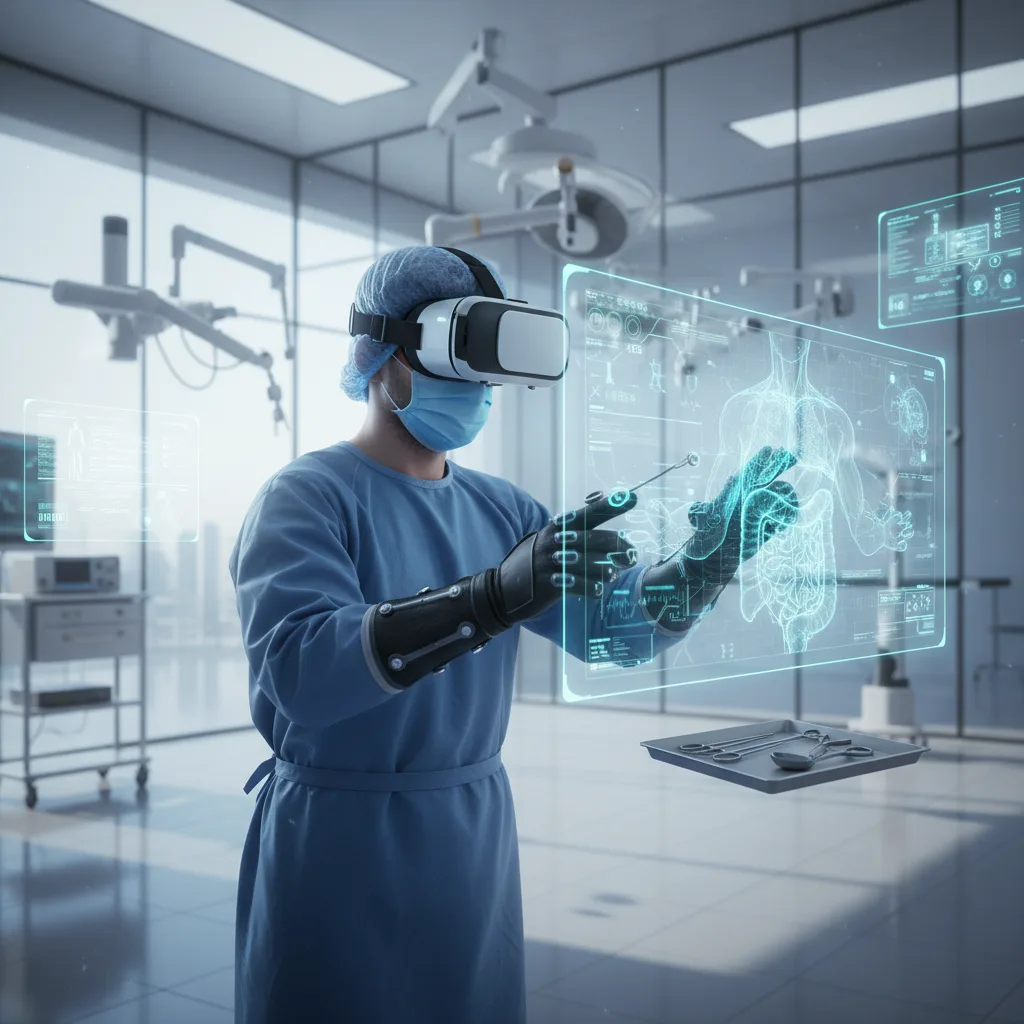 Surgeon practices complex procedure using virtual reality simulation.