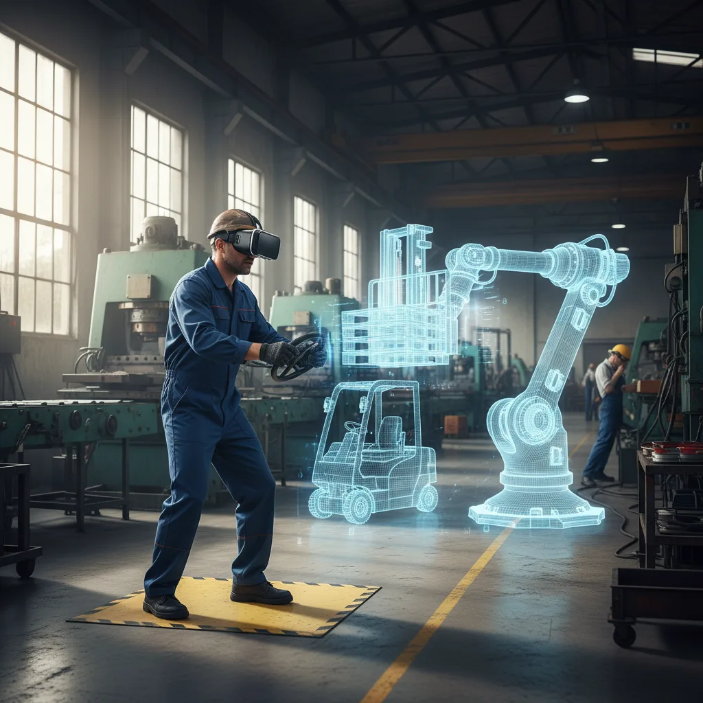 Employee trains on complex machinery using virtual reality.