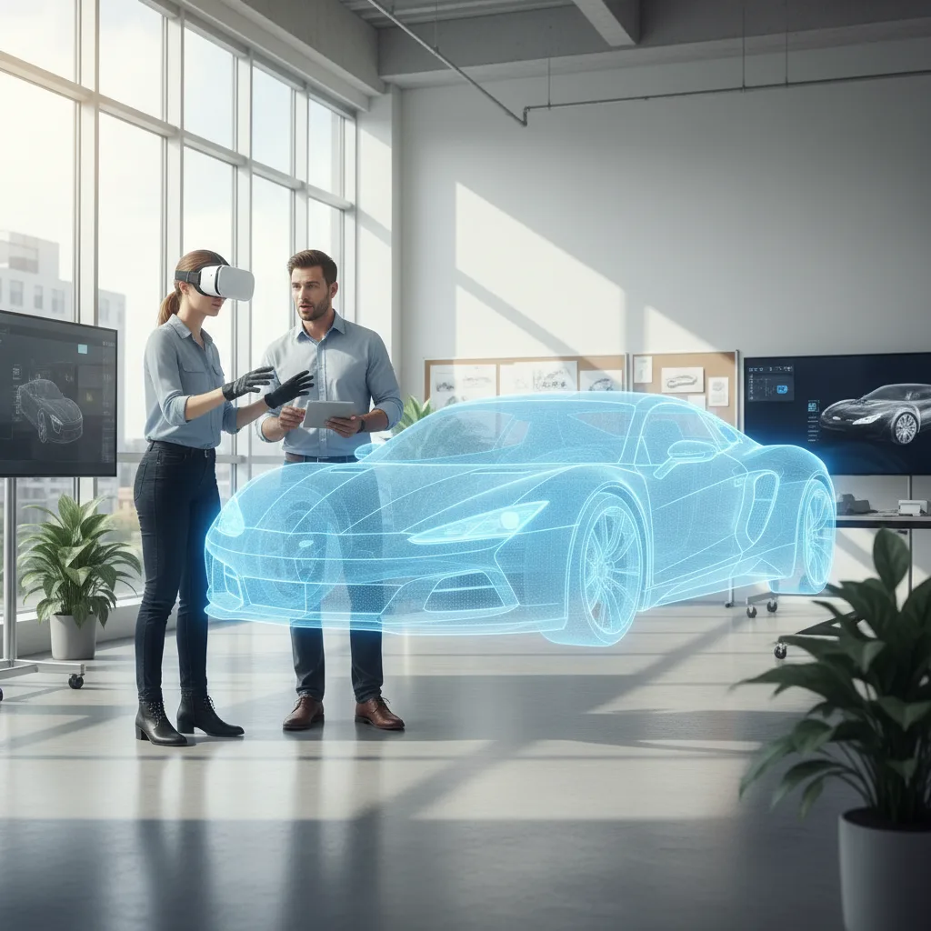 Engineers collaborate on a virtual car design using VR.