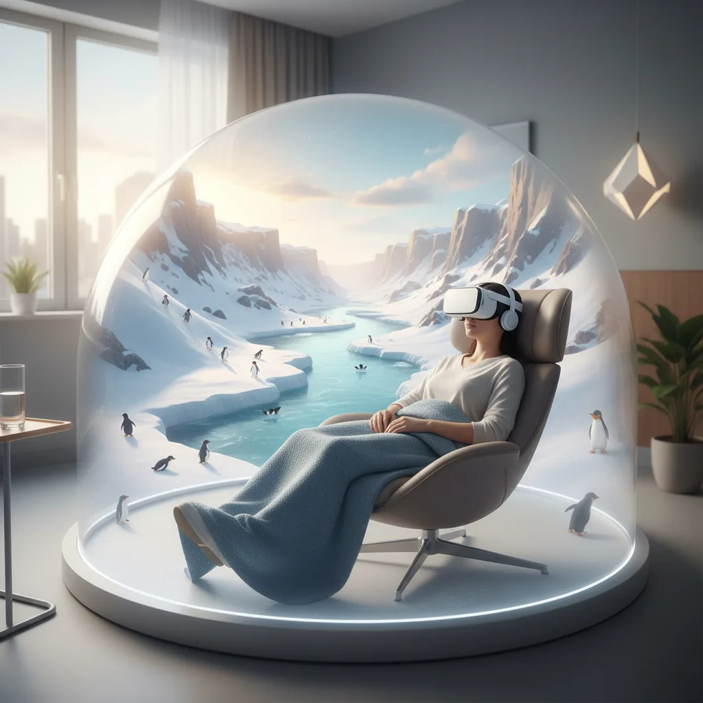 Patient uses VR headset, immersed in a virtual snowy landscape for pain relief.