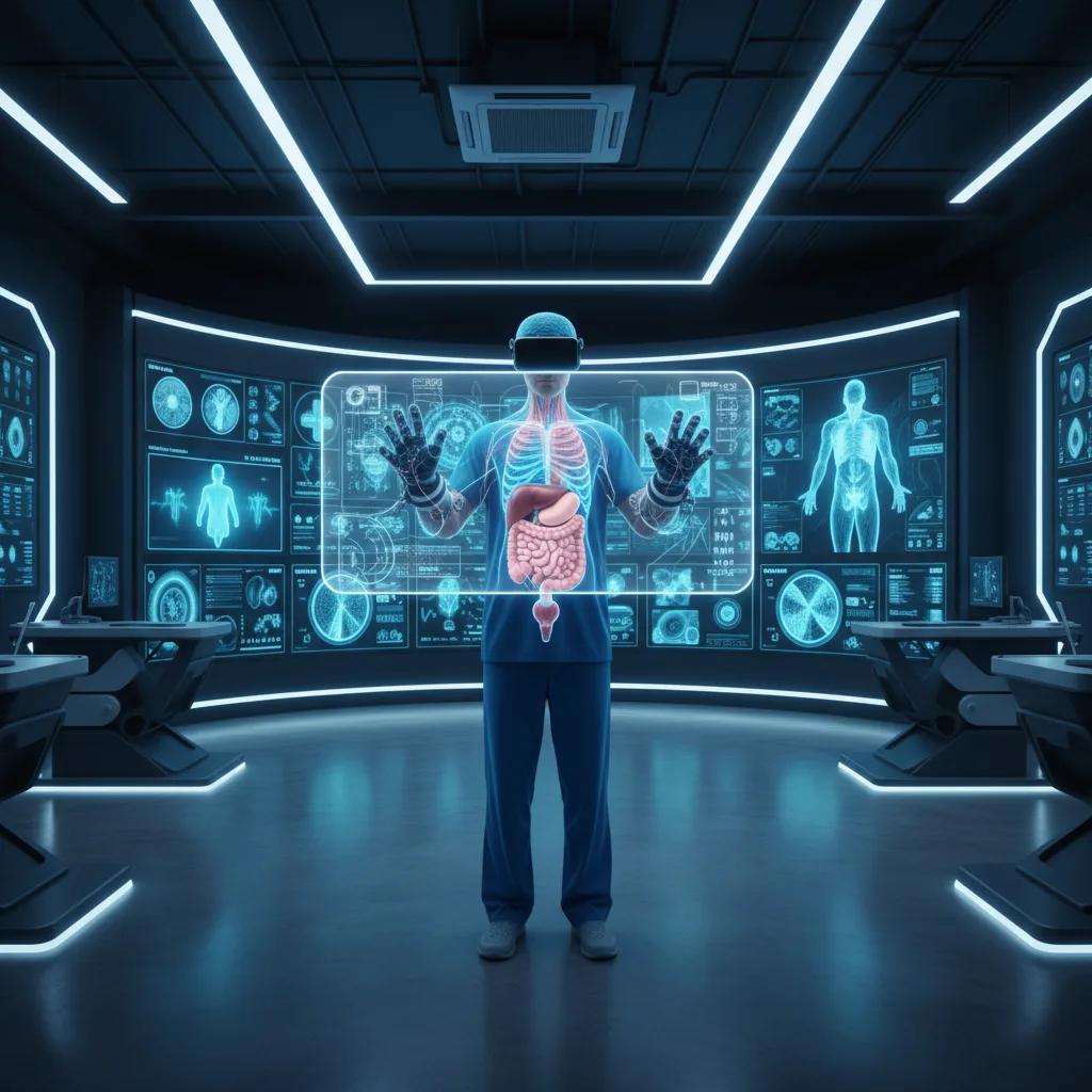 Surgeon practices complex procedure using VR simulation with haptic feedback.