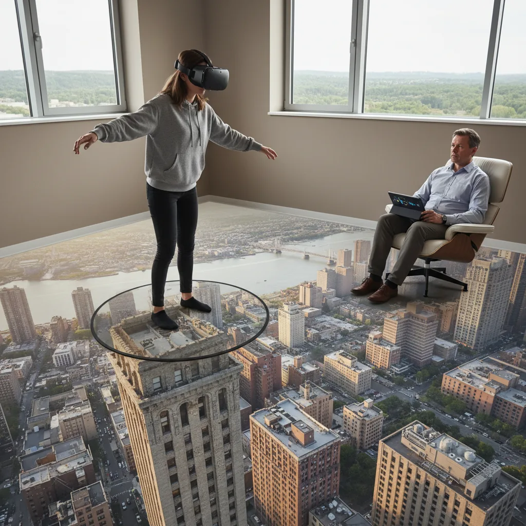 Patient confronts fear of heights in virtual reality exposure therapy session.