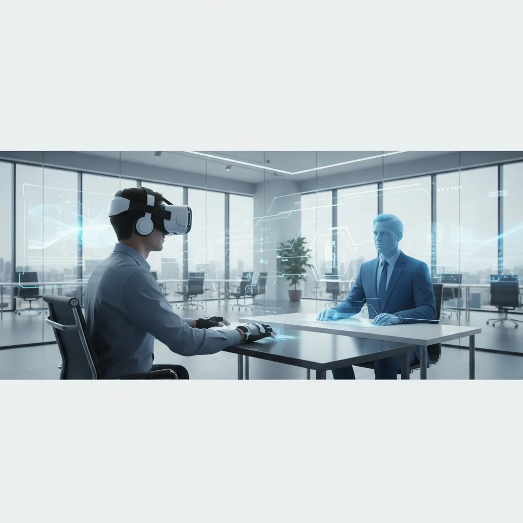 Person in VR headset practicing social skills with virtual avatars.