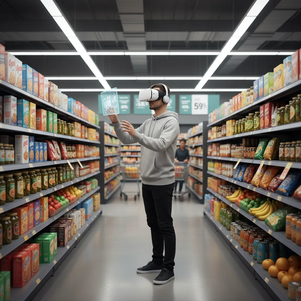 Individual in VR headset navigating a virtual grocery store aisle.