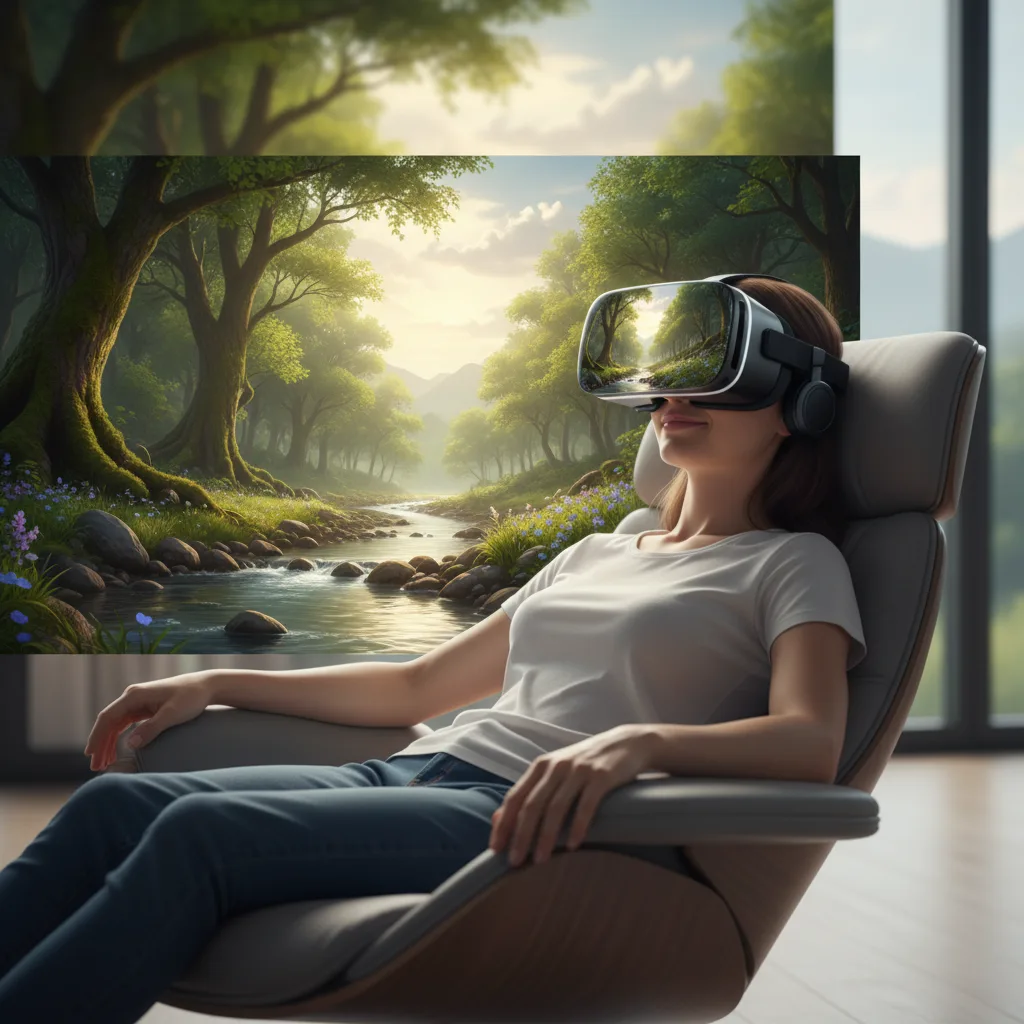 Person experiencing a calming virtual nature scene in a VR headset.