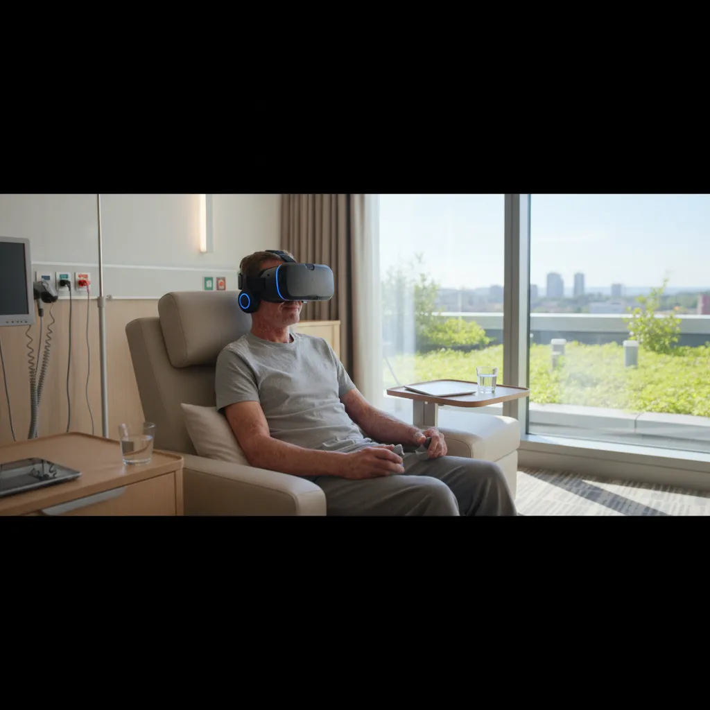 Patient finds calm using VR in a modern hospital setting.