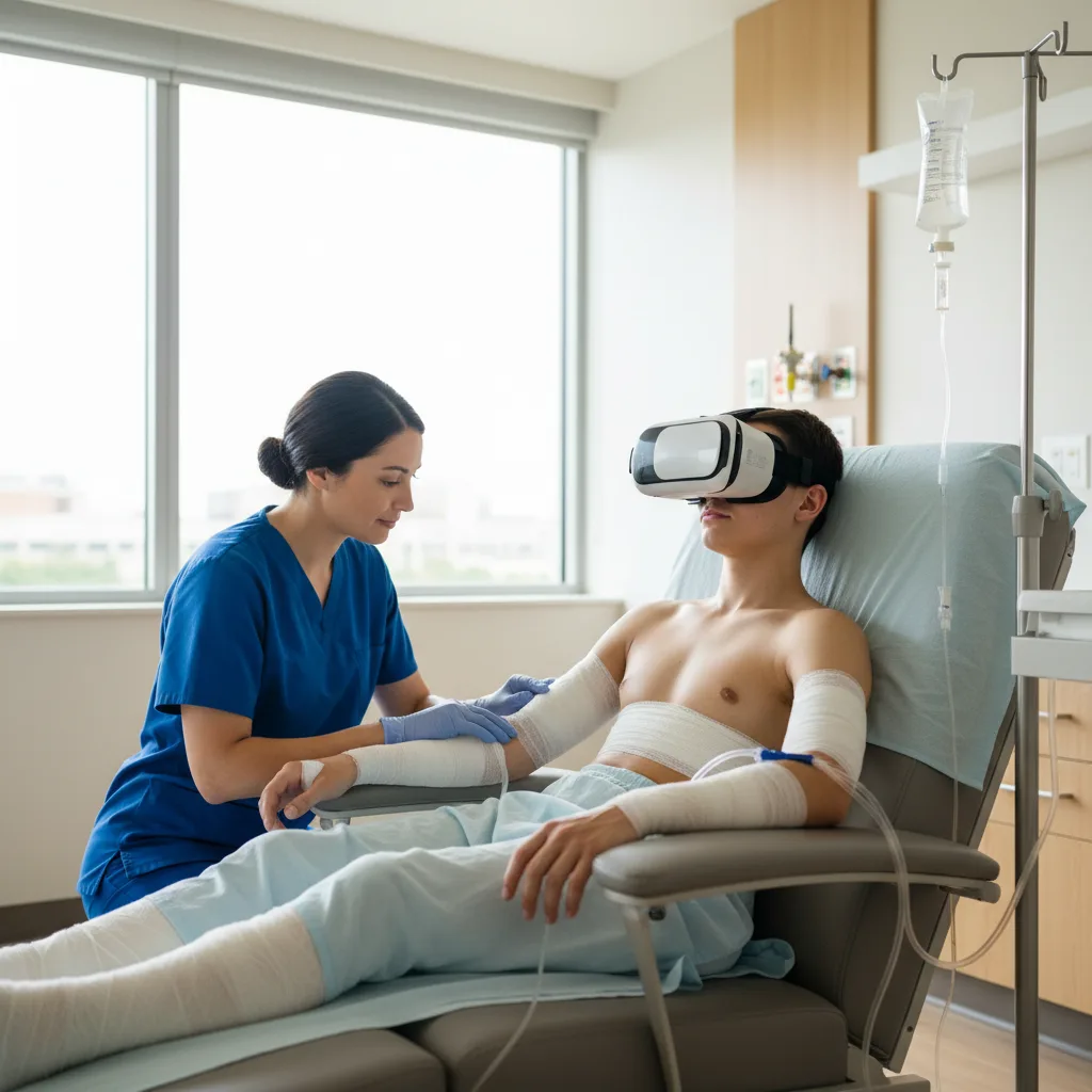 Patient uses VR headset during burn wound care for pain relief.