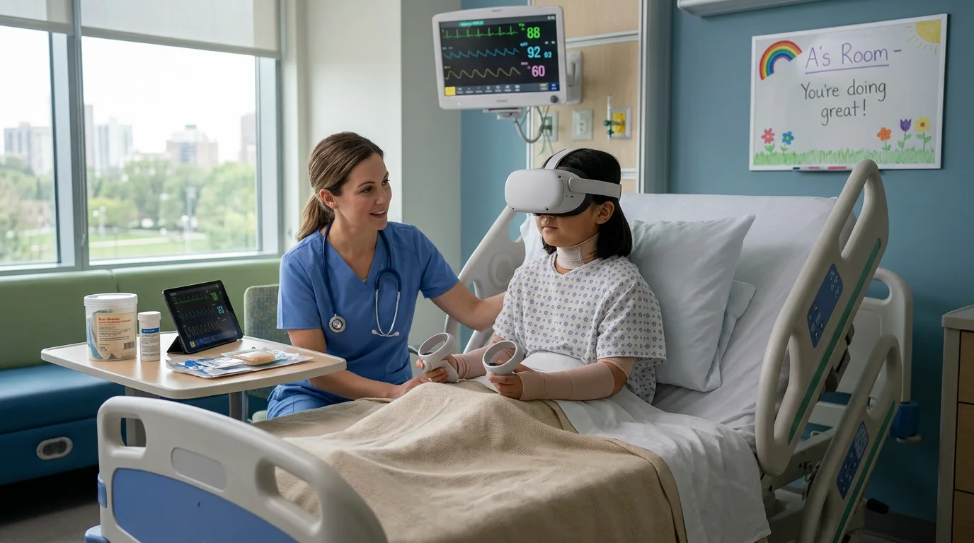 Child burn patient uses VR for comfort in a hospital room.
