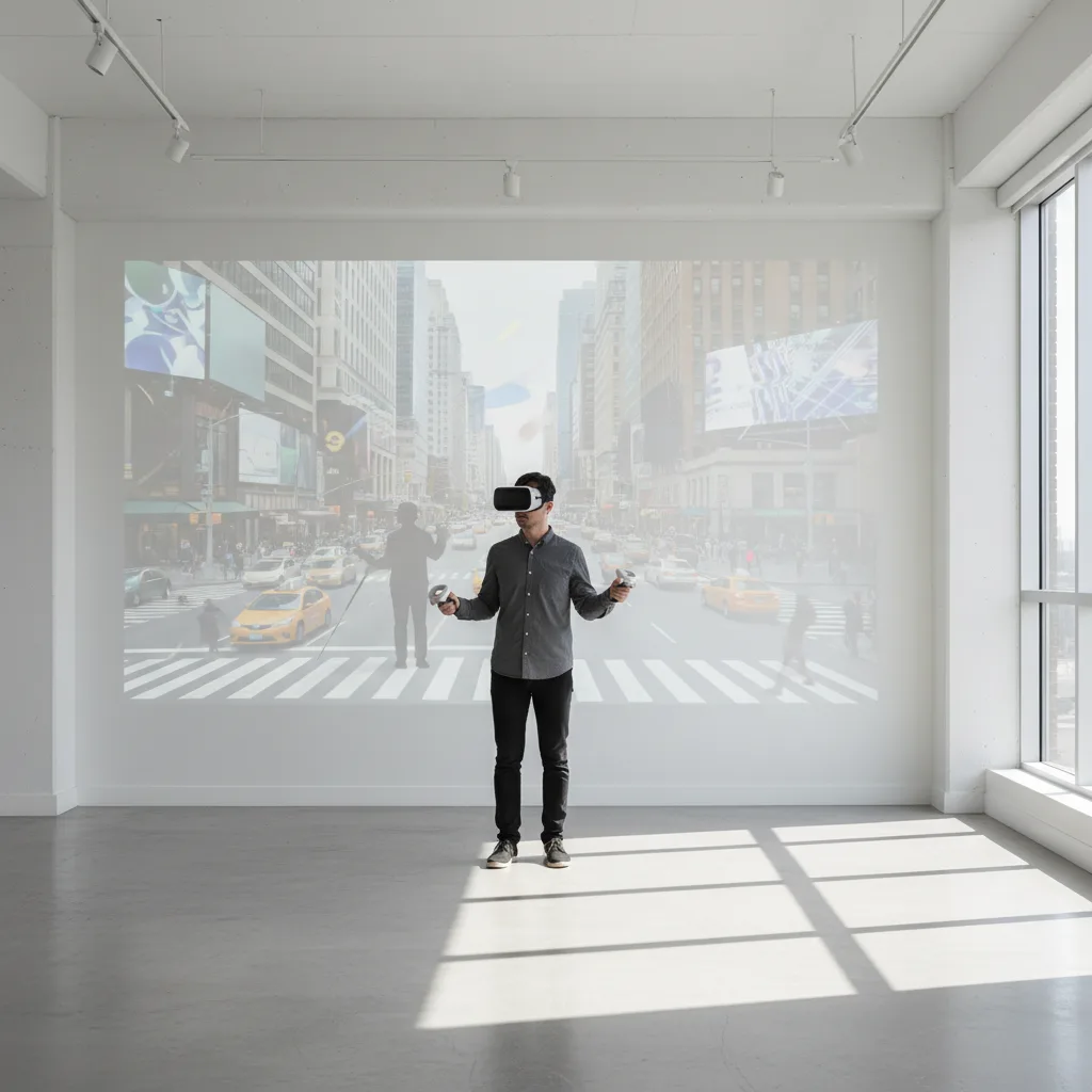 Visually impaired person safely practices crossing a virtual busy street using VR.