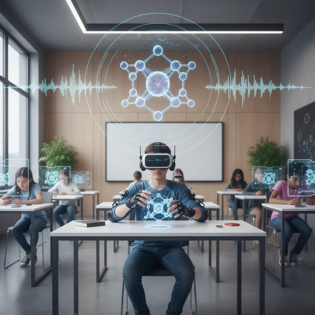 Visually impaired student explores a virtual science lab using VR.