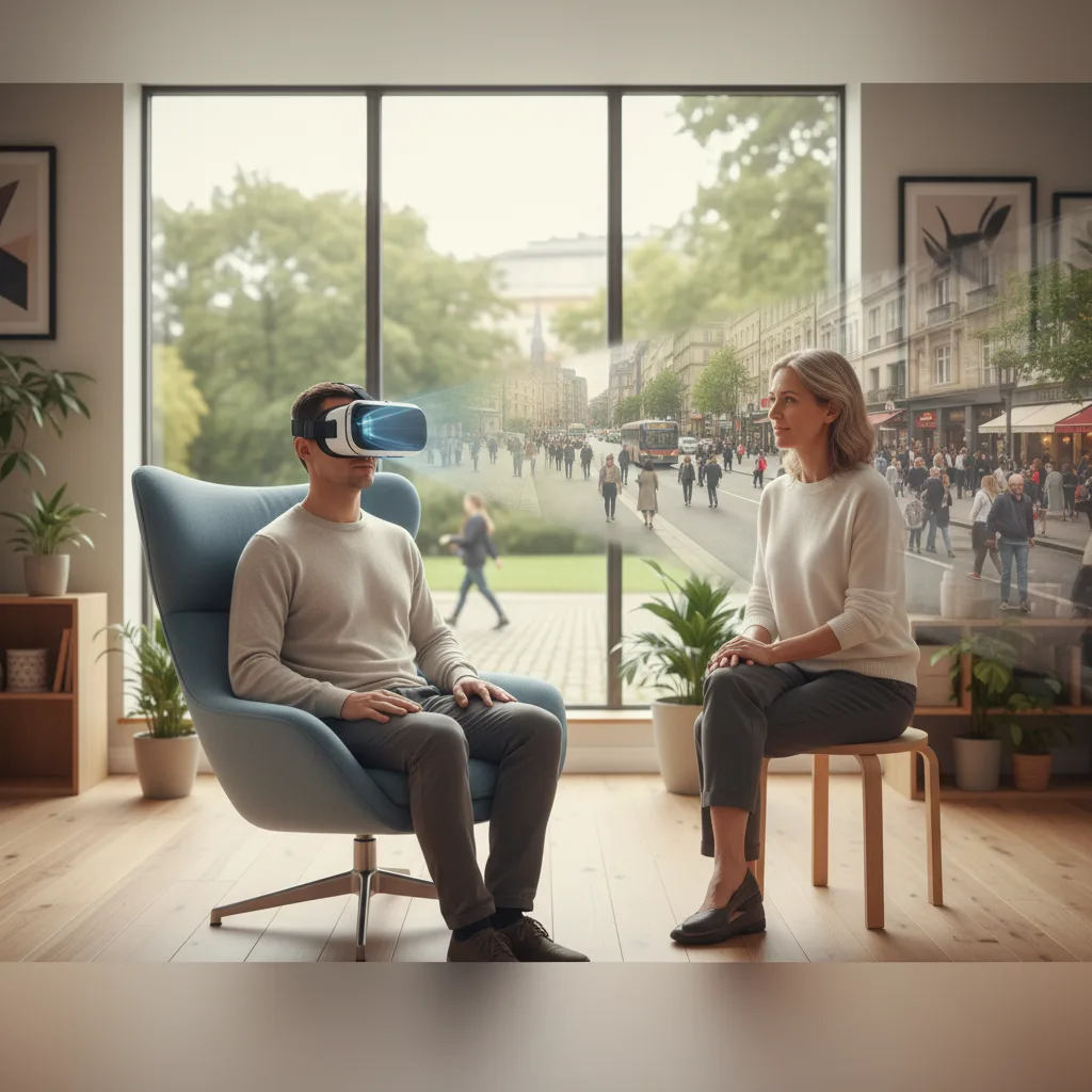 Person with visual impairment uses VR for anxiety management with a therapist.