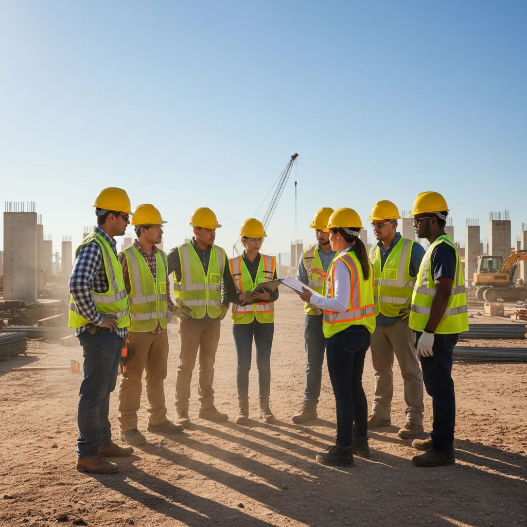 Construction workers attending a traditional "toolbox talk" on a dusty site.