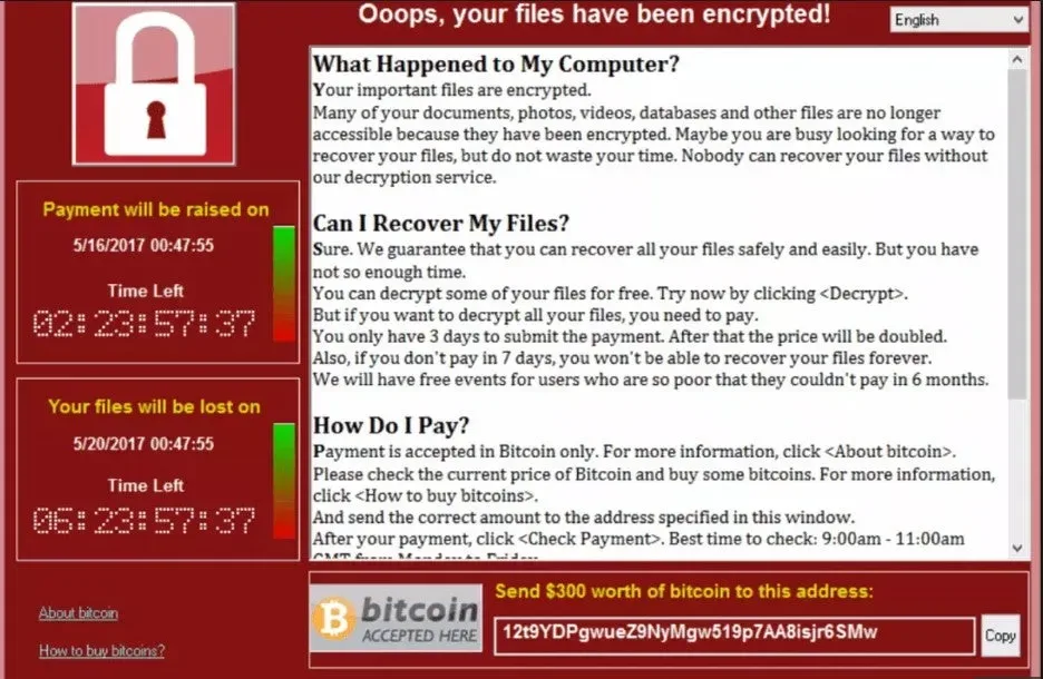 The chilling 'Ooops, your files have been encrypted!' message displayed on computer screens worldwid