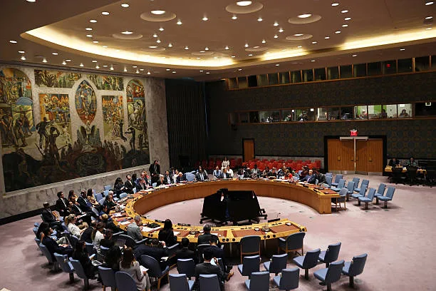 The iconic UN Security Council chamber, located at the United Nations Headquarters in New York City,