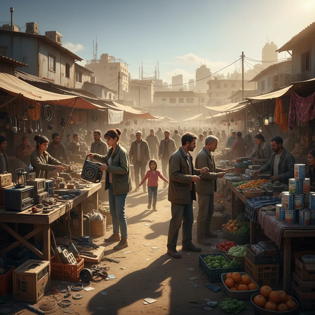 Bustling black market in a sanctioned country, showing resilience.