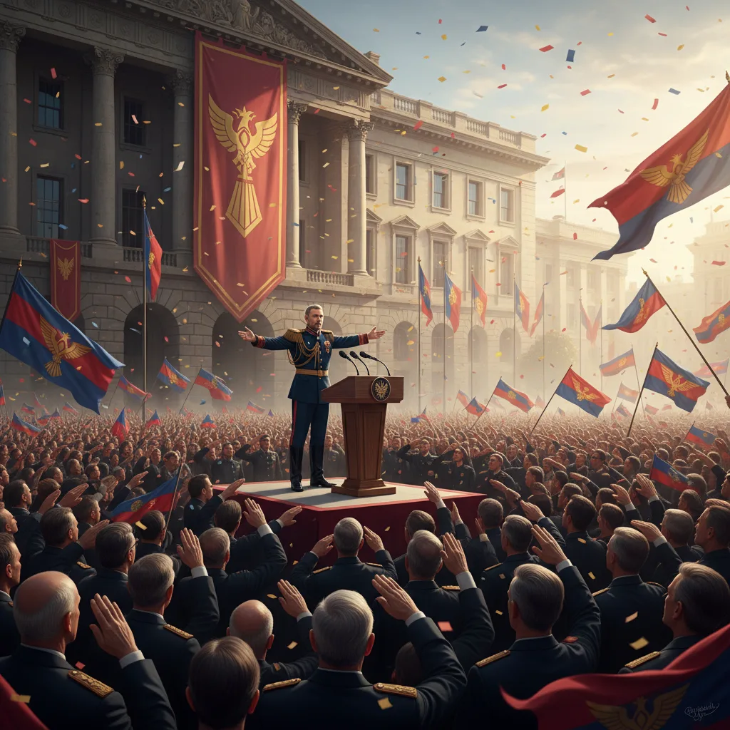 Authoritarian leader addressing a crowd, consolidating power.