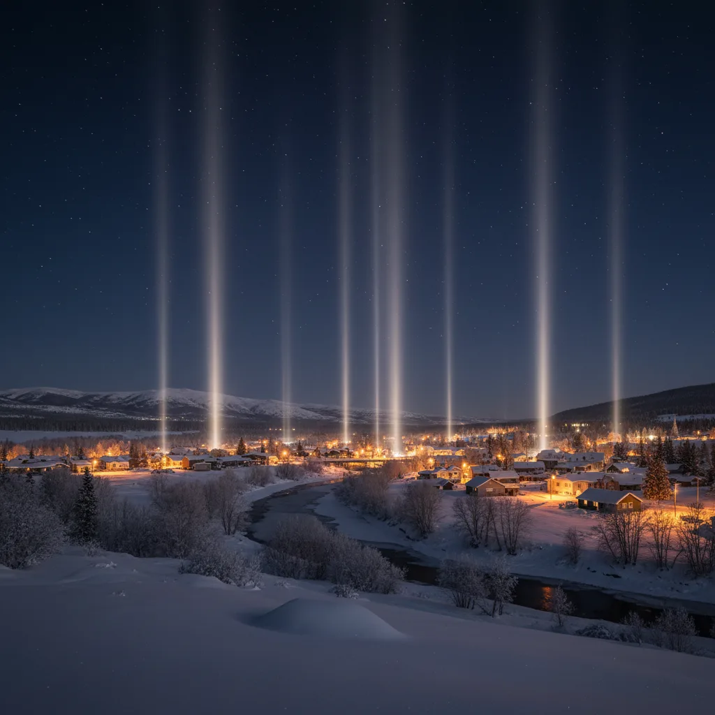 Vertical light pillars glow above a cold, snowy town at night.