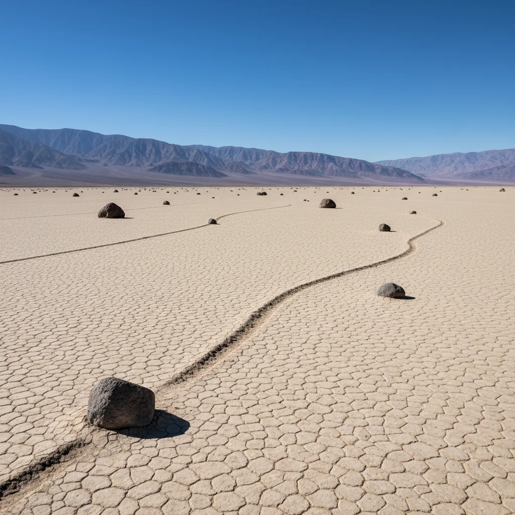 Mysterious sailing stones leave long trails on a cracked desert playa.