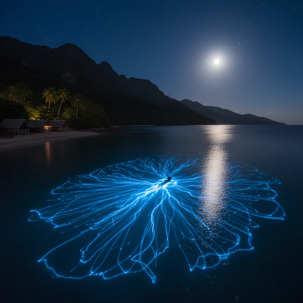 Swimmers create glowing blue trails in a bioluminescent bay at night.
