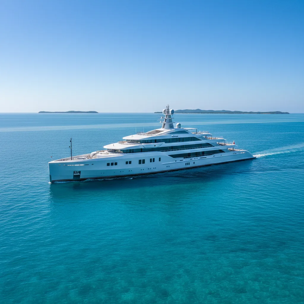 The colossal superyacht Azzam sailing on calm, clear waters.
