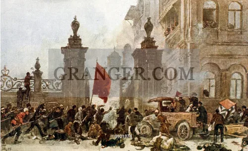 Red Guards and revolutionary crowds gather in Petrograd during the October Revolution of 1917. This 